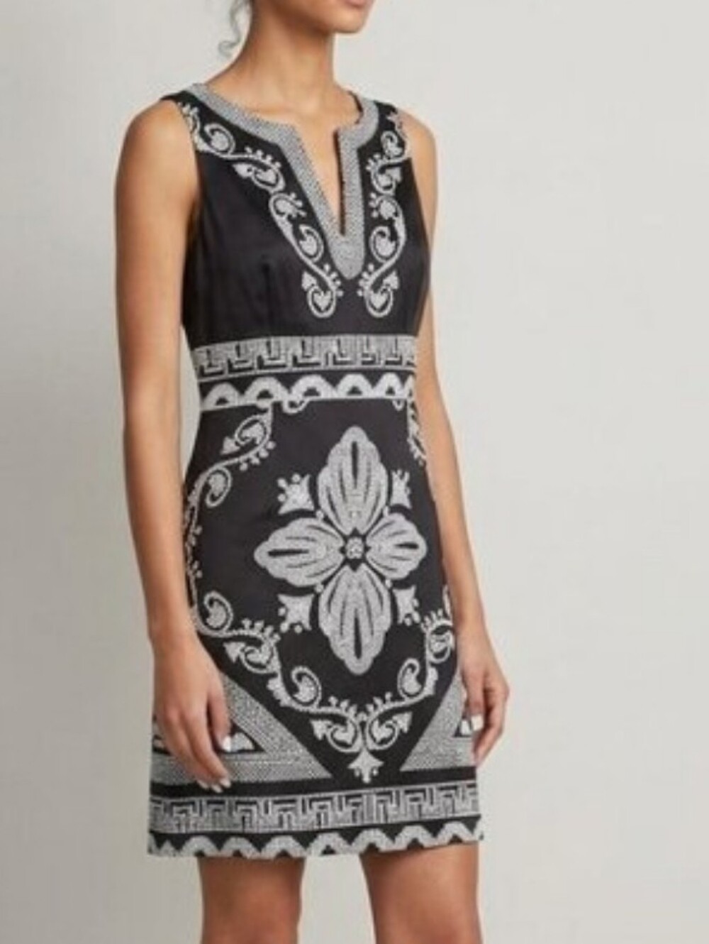 WHBM 100% Silk Black White Printed Sleeveless Shift Dress 8